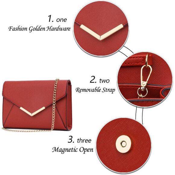 ⚡ Women's Red Leather Elegant Snap Closure Envelope Foldover Clutch Bag - Picture 3 of 7